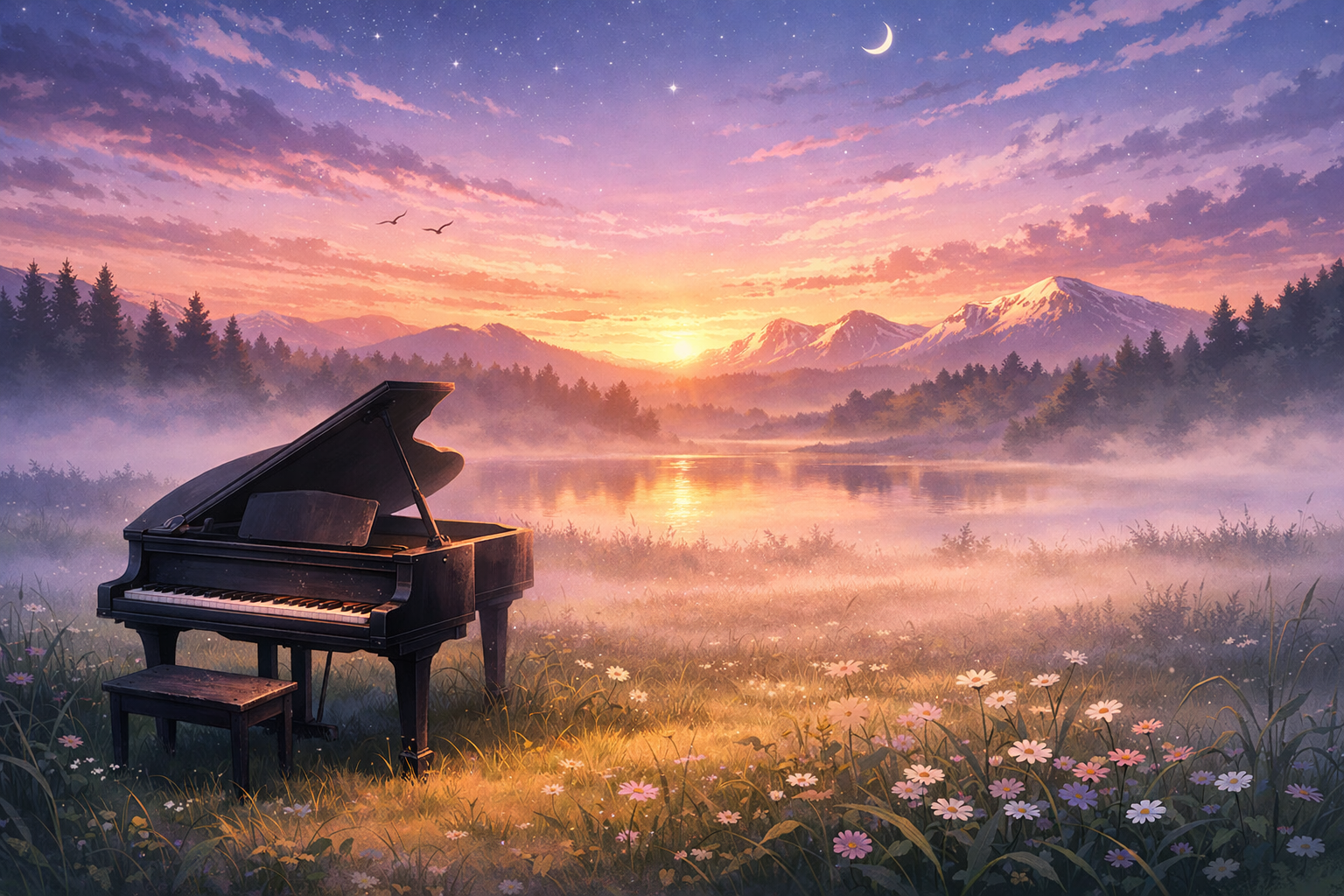 Grand piano with bench near lake surrounded by flowers and mountains at sunset