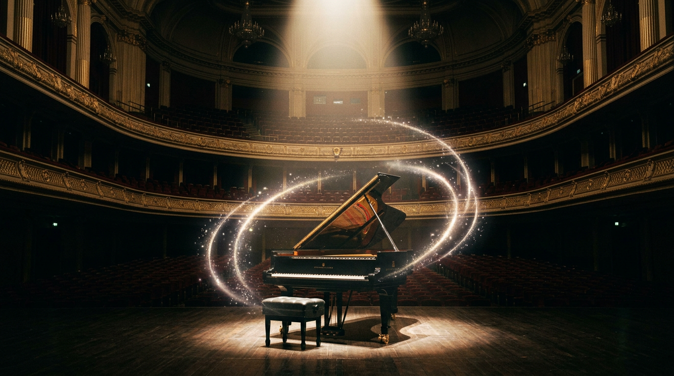 Grand piano on stage under a spotlight with sparkling light swirl effects