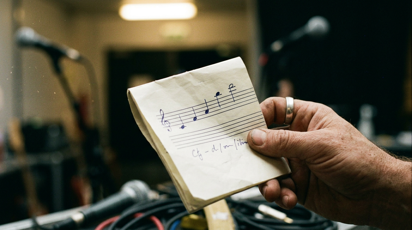 Hand holding a paper sheet with a musical staff and handwritten notes