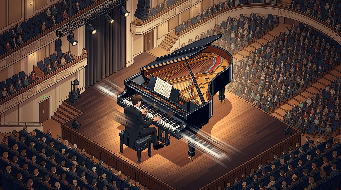 Pianist playing grand piano on a stage in a concert hall filled with seated audience